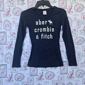 Girls Abercrombie Kids Navy Blue Graphic Logo Long Sleeve T-Shirt Size Large
